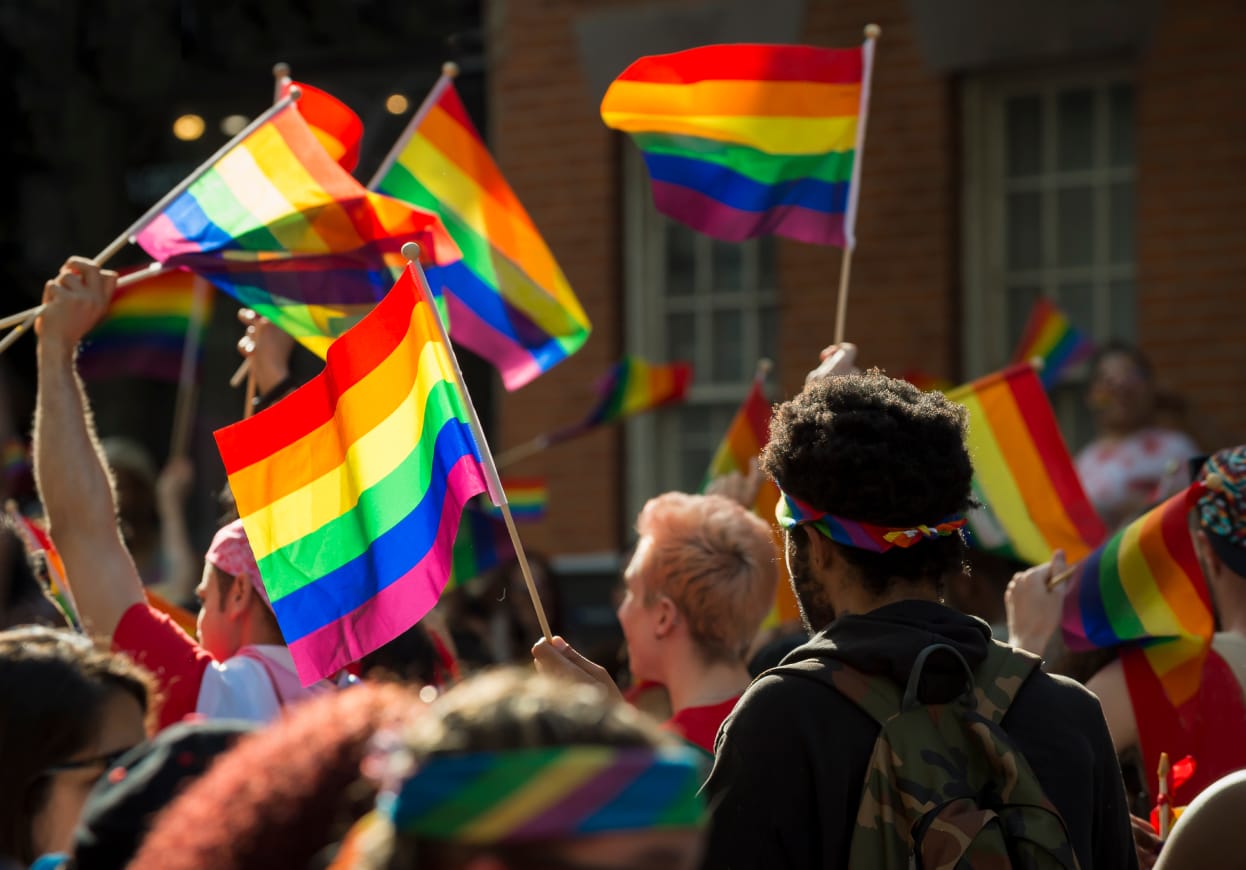 A crowd pf people waving rainbow coloured flags.